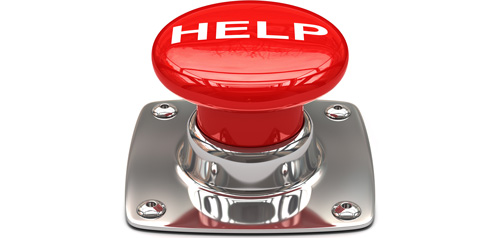 A big red button that says HELP with a shiny chrome mounting bracked